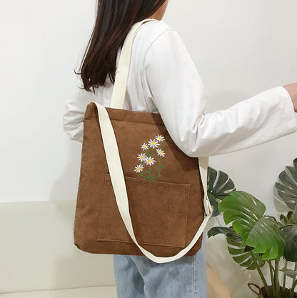 FLOWERSVERSE  Little Daisy Corduroy Women's One-Shoulder Canvas Bag Artistic Student Make-up Bag Casual College Style Messenger Shopping Bag