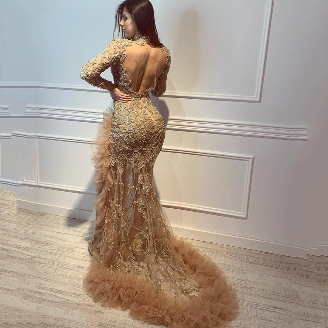new  New women's dress sexy women's banquet atmospheric mesh long fish tail evening dress women