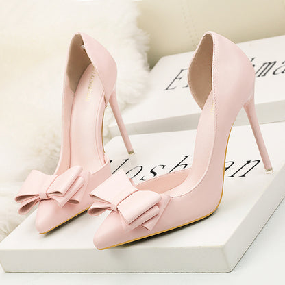 flowersverse  3168-2 Korean Style Fashionable Sweet Bowknot High Heels Stiletto Heel Shallow Mouth Pointed Toe Side Hollow out Pumps