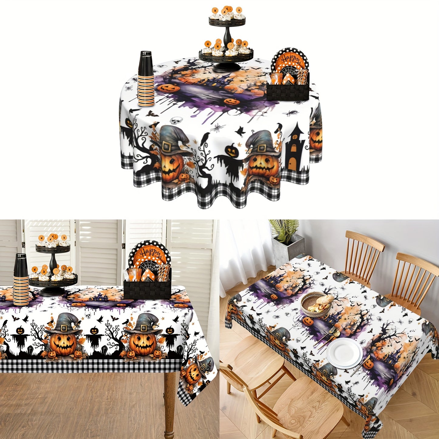 1pc Vibrant Halloween Tablecloth - Polyester Table Cover for Home Kitchen Dining Picnic Decoration with Black White Buffalo Check Ghost Pumpkin Skeleton Castle Holiday Pattern - Perfect for Spooky Season Home Supplies