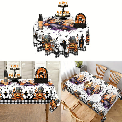 1pc Vibrant Halloween Tablecloth - Polyester Table Cover for Home Kitchen Dining Picnic Decoration with Black White Buffalo Check Ghost Pumpkin Skeleton Castle Holiday Pattern - Perfect for Spooky Season Home Supplies