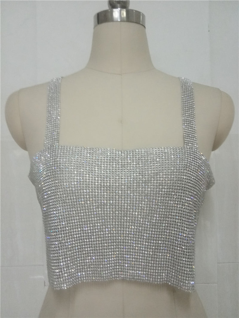 2025 New nightclubs bronzing hot silver sequins metal sling vest metal buckle short top outer wear women's BY0040