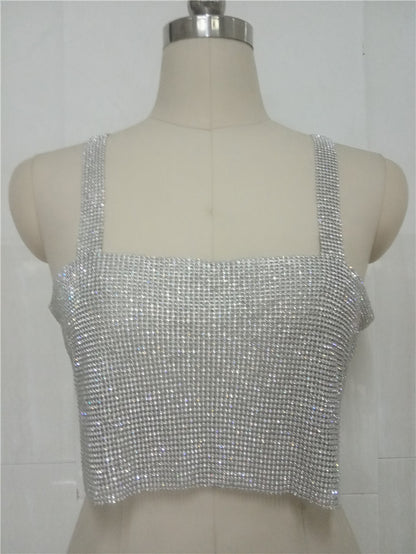 2025 New nightclubs bronzing hot silver sequins metal sling vest metal buckle short top outer wear women's BY0040