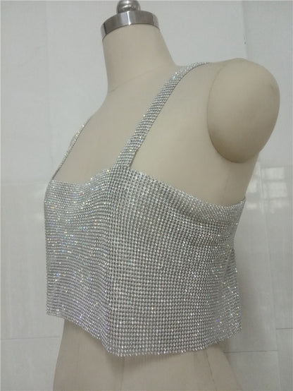 2025 New nightclubs bronzing hot silver sequins metal sling vest metal buckle short top outer wear women's BY0040