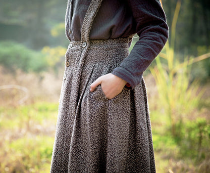 a sense of design, women's autumn and winter retro woolen long versatile elastic waist skirt, strap skirt