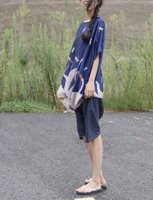 design sense women's summer silk satin swan print short-sleeved loose top