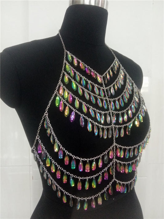 2025 New supply, summer vacation style bikini body chain, radiant crystal beach bra, female BY0237