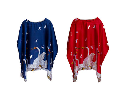 design sense women's summer silk satin swan print short-sleeved loose top