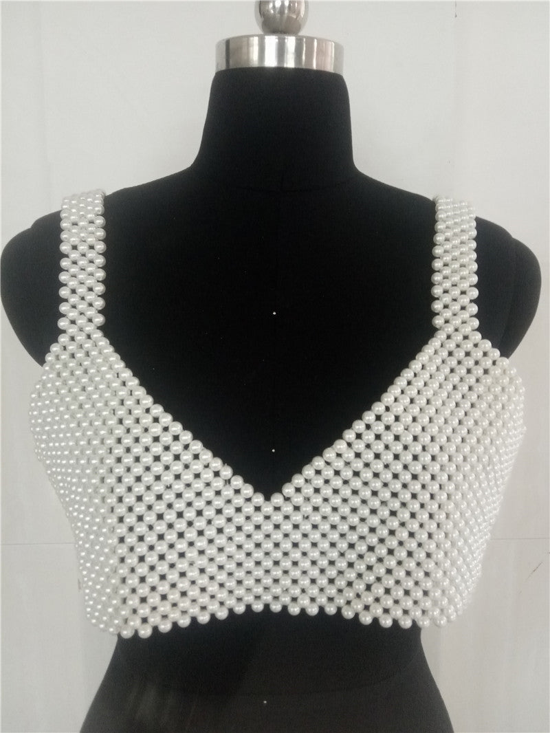 Popular, 2025 ins New nightclub Popular trade pearl V-neck open-button backless vest, sexy hot-selling beaded bra 0148