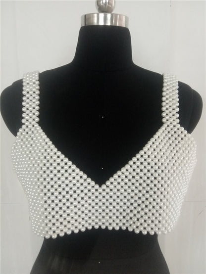 Popular, 2025 ins New nightclub Popular trade pearl V-neck open-button backless vest, sexy hot-selling beaded bra 0148