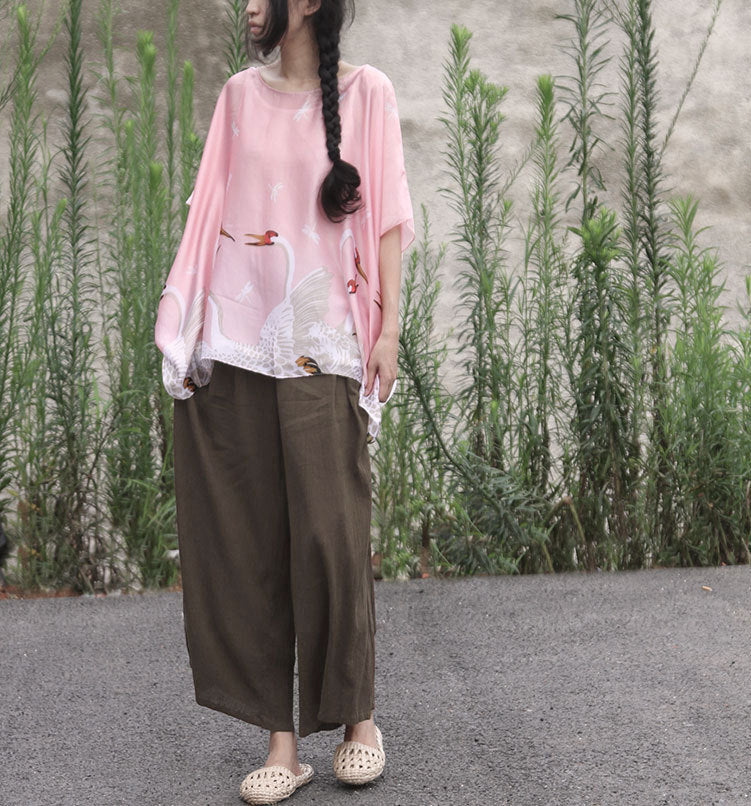 design sense women's summer silk satin swan print short-sleeved loose top