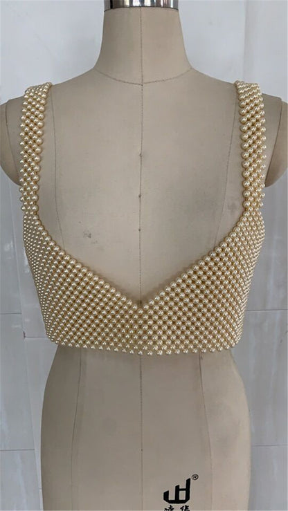 Popular, 2025 ins New nightclub Popular trade pearl V-neck open-button backless vest, sexy hot-selling beaded bra 0148
