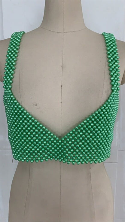 Popular, 2025 ins New nightclub Popular trade pearl V-neck open-button backless vest, sexy hot-selling beaded bra 0148