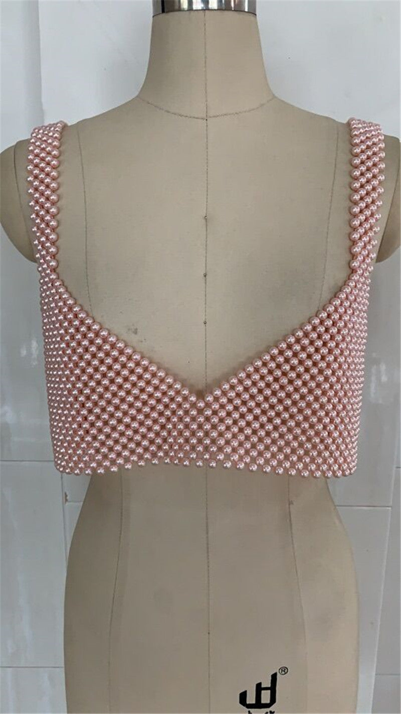 Popular, 2025 ins New nightclub Popular trade pearl V-neck open-button backless vest, sexy hot-selling beaded bra 0148