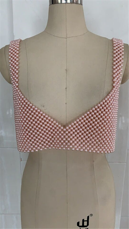 Popular, 2025 ins New nightclub Popular trade pearl V-neck open-button backless vest, sexy hot-selling beaded bra 0148