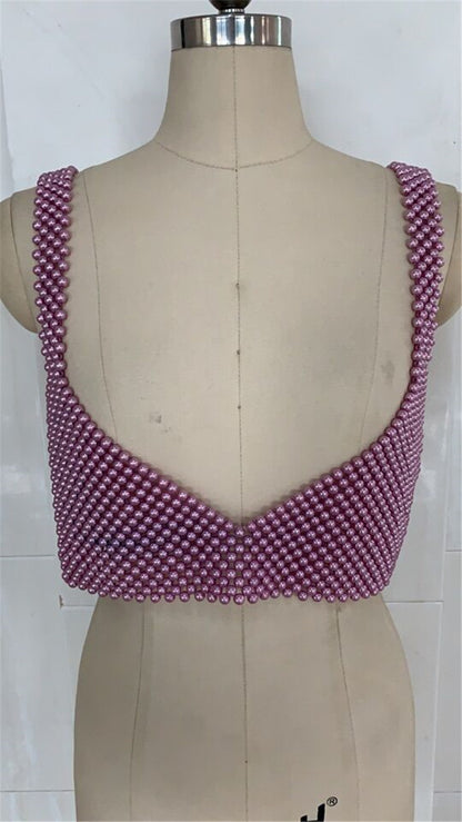 Popular, 2025 ins New nightclub Popular trade pearl V-neck open-button backless vest, sexy hot-selling beaded bra 0148