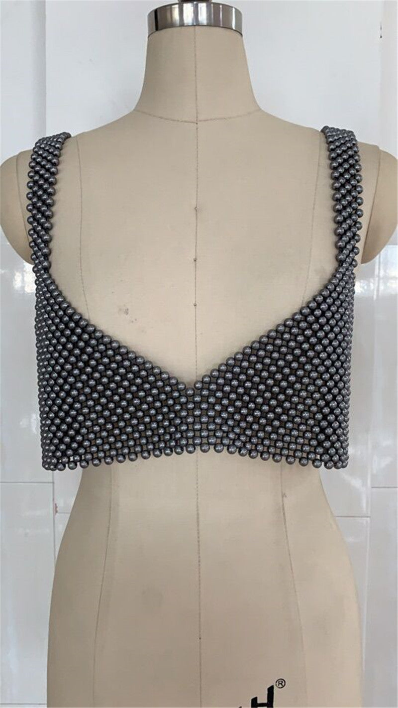 Popular, 2025 ins New nightclub Popular trade pearl V-neck open-button backless vest, sexy hot-selling beaded bra 0148