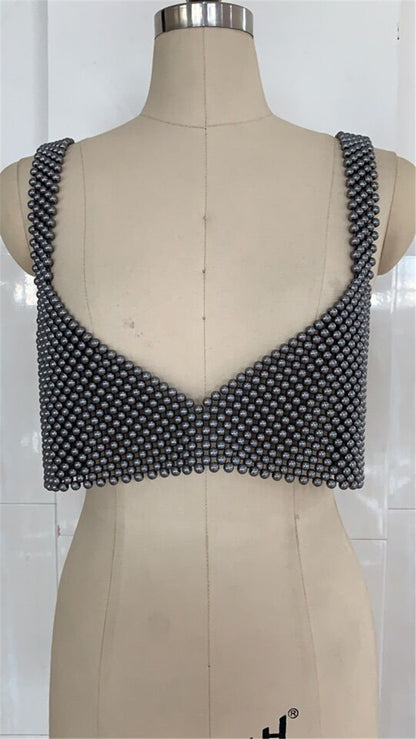 Popular, 2025 ins New nightclub Popular trade pearl V-neck open-button backless vest, sexy hot-selling beaded bra 0148