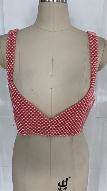 Popular, 2025 ins New nightclub Popular trade pearl V-neck open-button backless vest, sexy hot-selling beaded bra 0148