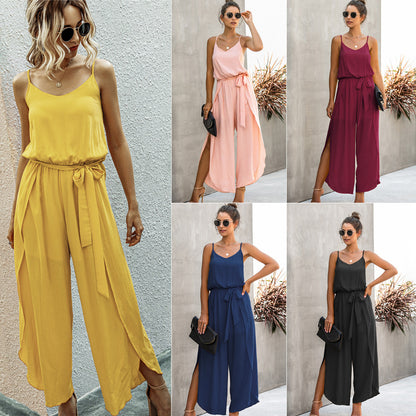 FLOWERSVERSE  New  Summer Fashion V-neck Strap Wide Leg Side Slit Women's Jumpsuit 600237