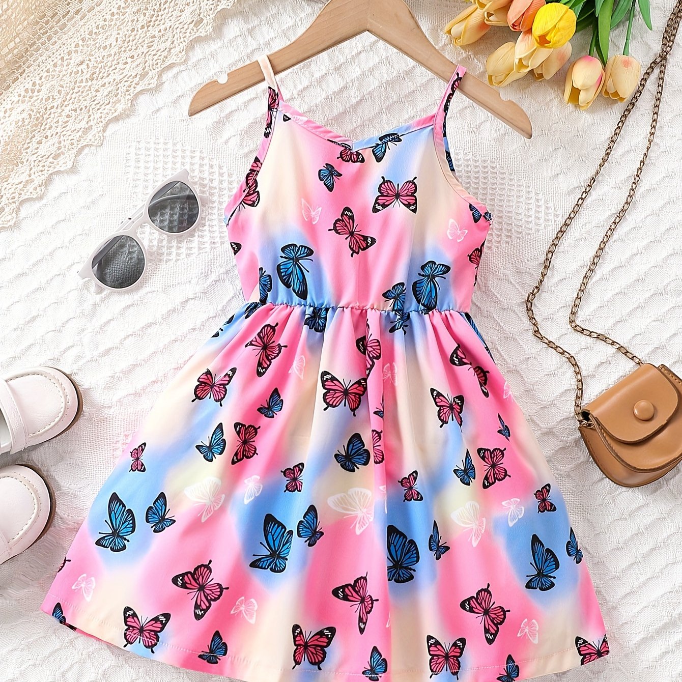 Adorable Girls Kaleidoscopic Butterfly Print Adjustable Suspender Tunic Dress - Perfect for Sun-soaked Beaches & Summer Parties