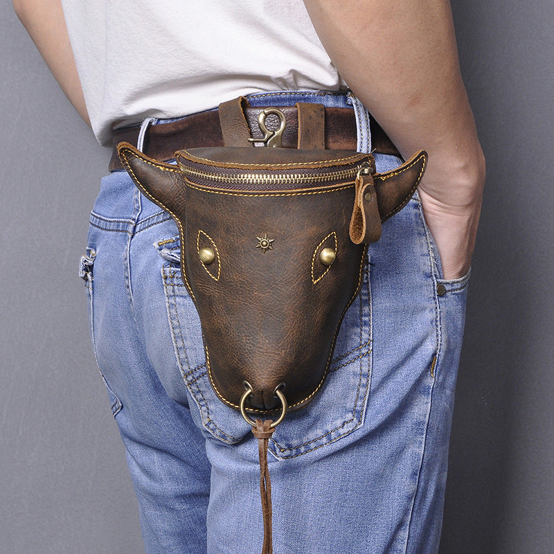 FLOWERSVERSE New Top Layer Crazy Horse Skin Cowhide Foreign Trade Men's Retro Cool Cow Head Large Capacity 7-Inch Waist Bag Leg Bag 835