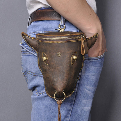 FLOWERSVERSE New Top Layer Crazy Horse Skin Cowhide Foreign Trade Men's Retro Cool Cow Head Large Capacity 7-Inch Waist Bag Leg Bag 835