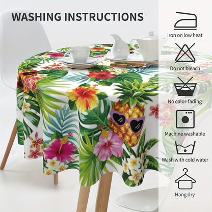 1pc Vibrant Hawaiian Pineapple Polyester Tablecloth - Waterproof, Stain-Resistant, Wrinkle-Free, Easy-Care Green Table Cover with Palm Leaves Design - Perfect for Home Kitchen Dining Party Decoration and Room Decor