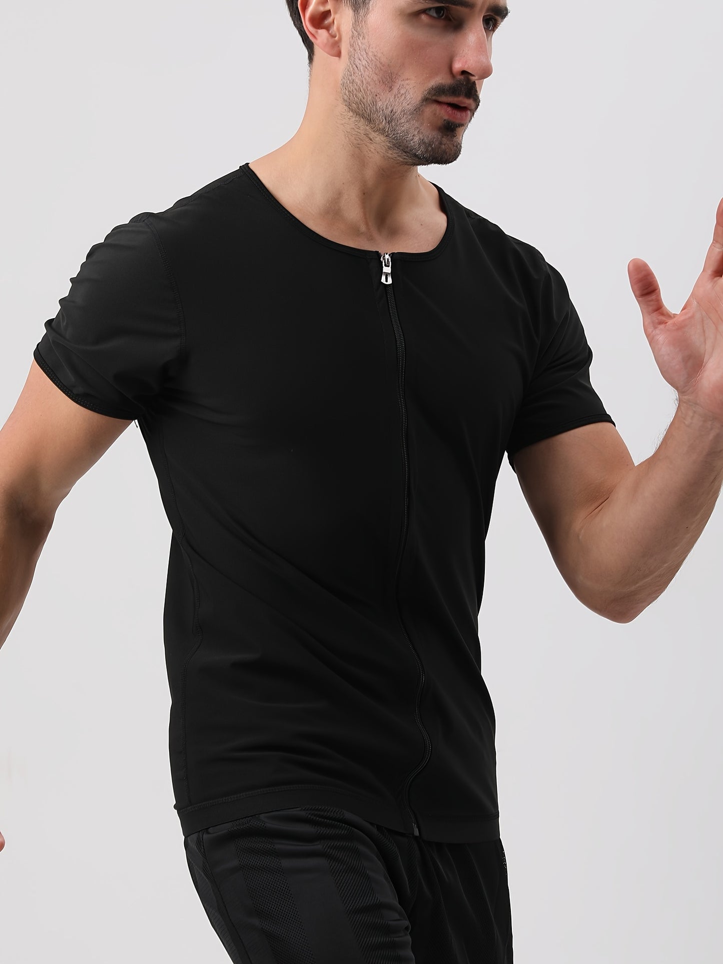 Men's Short Sleeve Sweat Sauna Suit - Polymer Zipper Shirt For Waist Training And Heat Trapping Compression