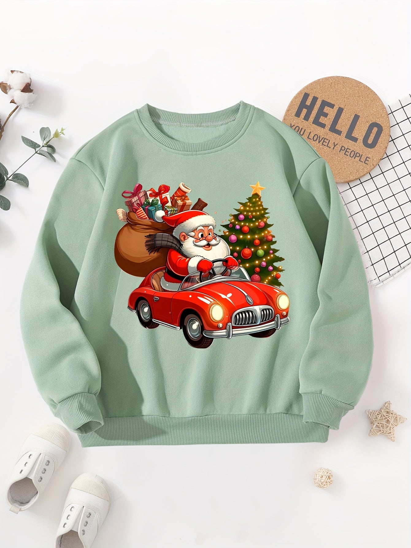 Boys' Cozy Fleece-Lined Christmas Sweatshirt with Santa & Car Print - Casual Long Sleeve Pullover for Fall/Winter