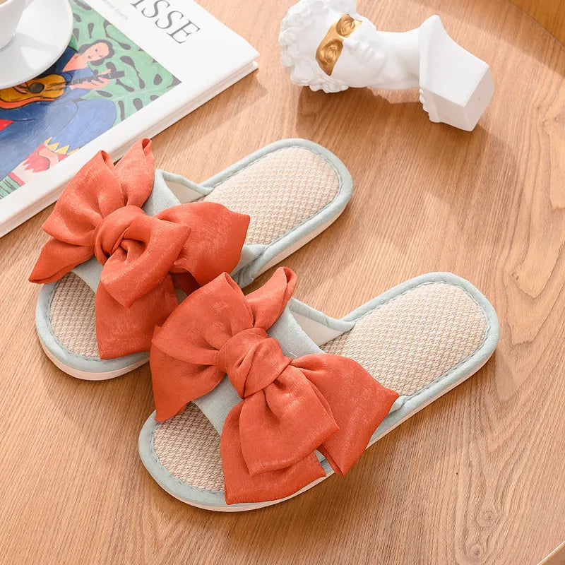 New fashion linen slippers women's silk bow cotton linen slippers women's indoor home can wear sandals outside orange