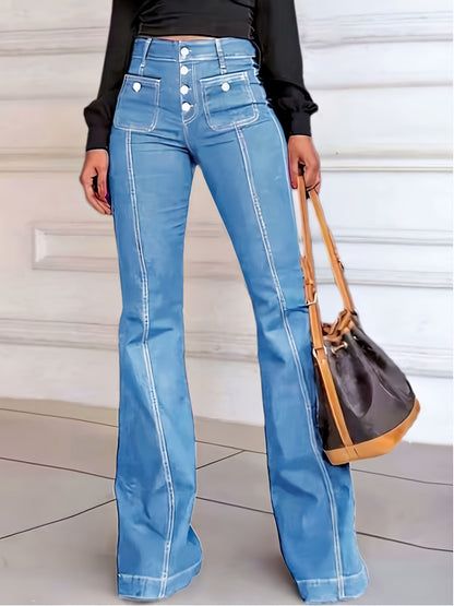 Stylish High-Rise Flare Leg Jeans | Comfort-Stretch, Retro Button Detail, Versatile All-Season Wear