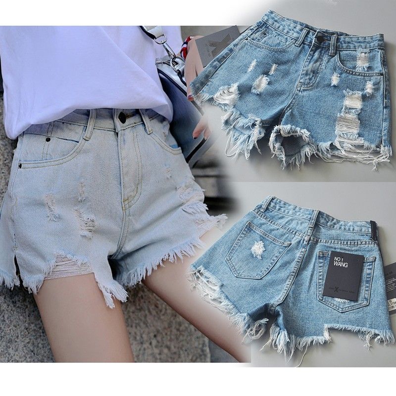 flowersverse King Shorts Worn Burrs Pants  Summer Denim Straight-Leg Pants Women's Jeans Wholesale