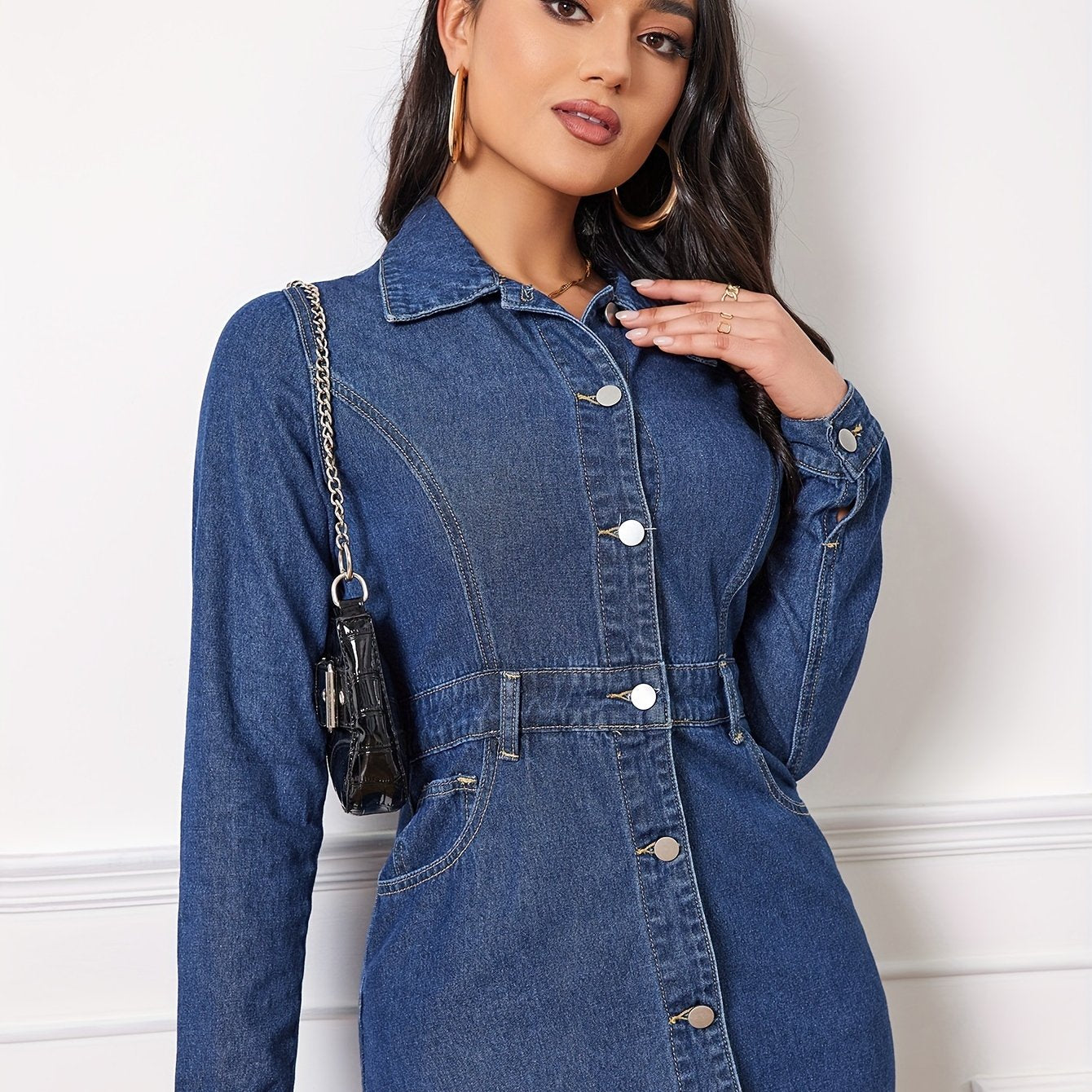 Women's Casual Plain Denim Dress, Long-Sleeve Button-Down Midi Jean Dress Versatile Fashion For Daily Wear - Perfect For Fall & Winter