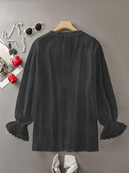 Plus Size Blouse - Delicate Polka Dot Lace Trim, Flowing Long Sleeves, Stylish Open Front Design, Elegant and Sophisticated - Ideal for Spring, Plus Size Womens Clothing