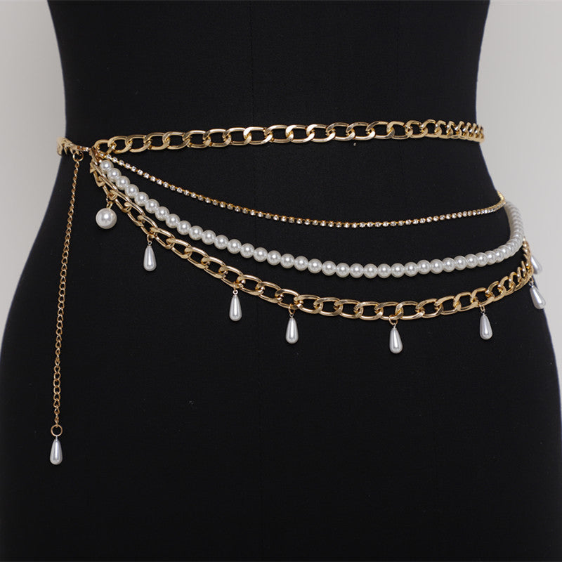 2025 2020 New ins Popular trade nightclub style flamboyant pearl chain mixed and matched multi-layer waist chain fb1009