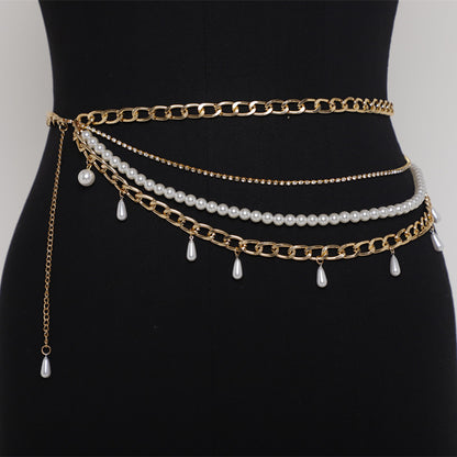2025 2020 New ins Popular trade nightclub style flamboyant pearl chain mixed and matched multi-layer waist chain fb1009
