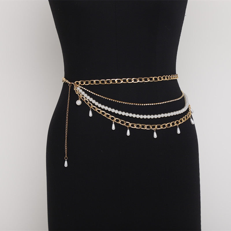2025 2020 New ins Popular trade nightclub style flamboyant pearl chain mixed and matched multi-layer waist chain fb1009