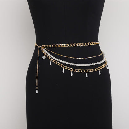 2025 2020 New ins Popular trade nightclub style flamboyant pearl chain mixed and matched multi-layer waist chain fb1009