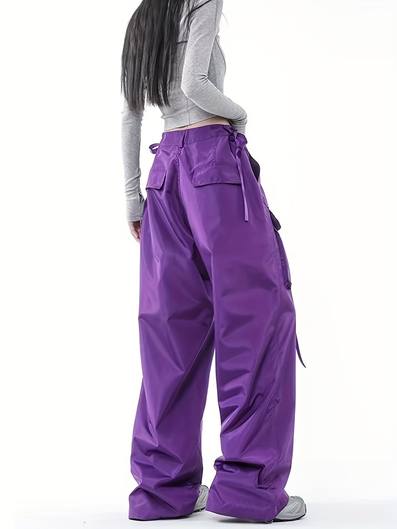 High Waist Casual Sports Trouser, Loose Fit Flap Pockets Solid Color Cargo Pants, Women's Activewear