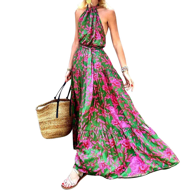 FLOWERSVERSE  summer new New Popular trade 2025 New large-size women's clothing neck sexy backless printing dress