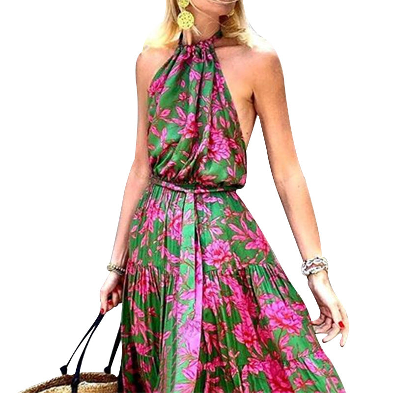 FLOWERSVERSE  summer new New Popular trade 2025 New large-size women's clothing neck sexy backless printing dress