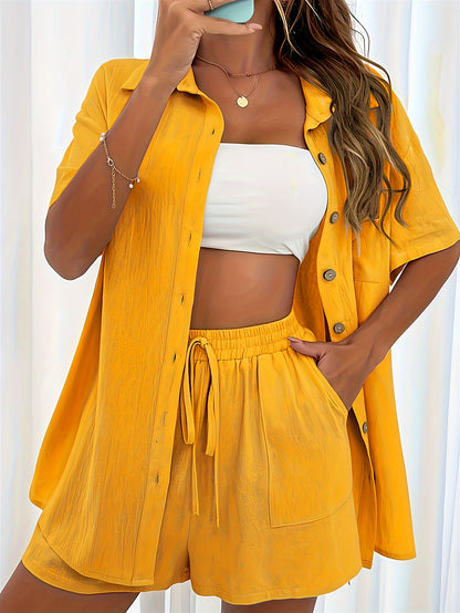 Two-Piece Elegant Casual Set - Lapel Collar Short Sleeve Blouse & Drawstring Shorts Outfit - Polyester, Machine Washable, Solid Color, No Printing, Spring/Summer Essential for Women