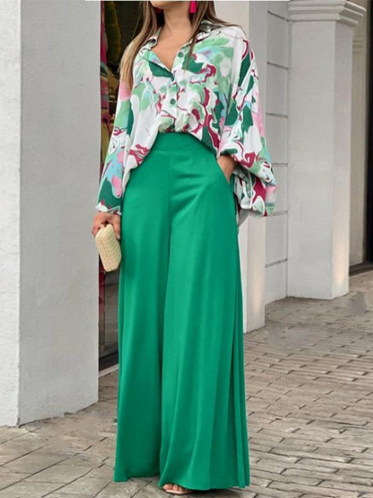 Floral Print Shirt & Wide Leg Pants Set