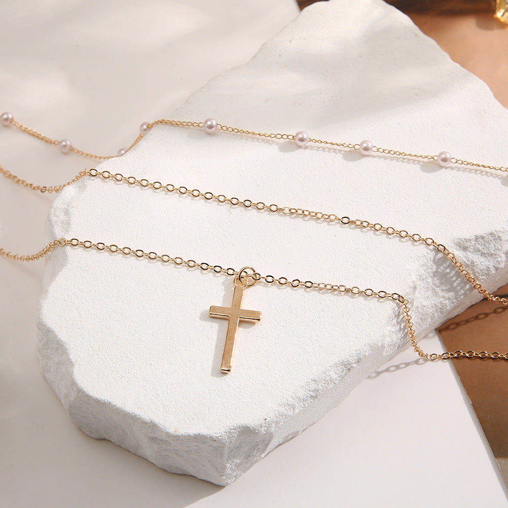 2pcs Boho Multilayer Cross Pendant Necklaces For Women Geometry Faux Pearl Chain Choker Necklace Jewelry Gift