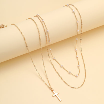 2pcs Boho Multilayer Cross Pendant Necklaces For Women Geometry Faux Pearl Chain Choker Necklace Jewelry Gift