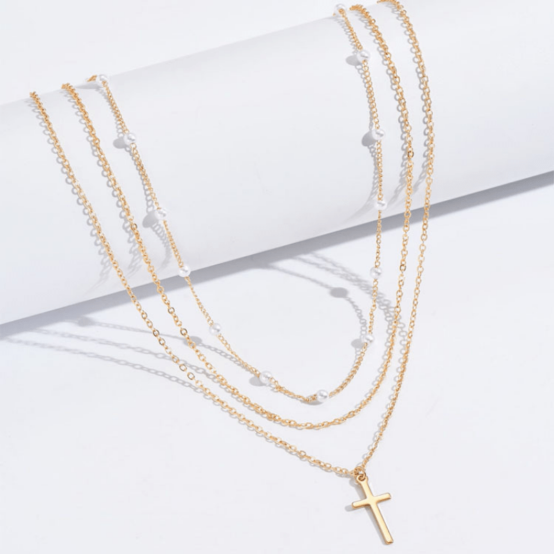 2pcs Boho Multilayer Cross Pendant Necklaces For Women Geometry Faux Pearl Chain Choker Necklace Jewelry Gift