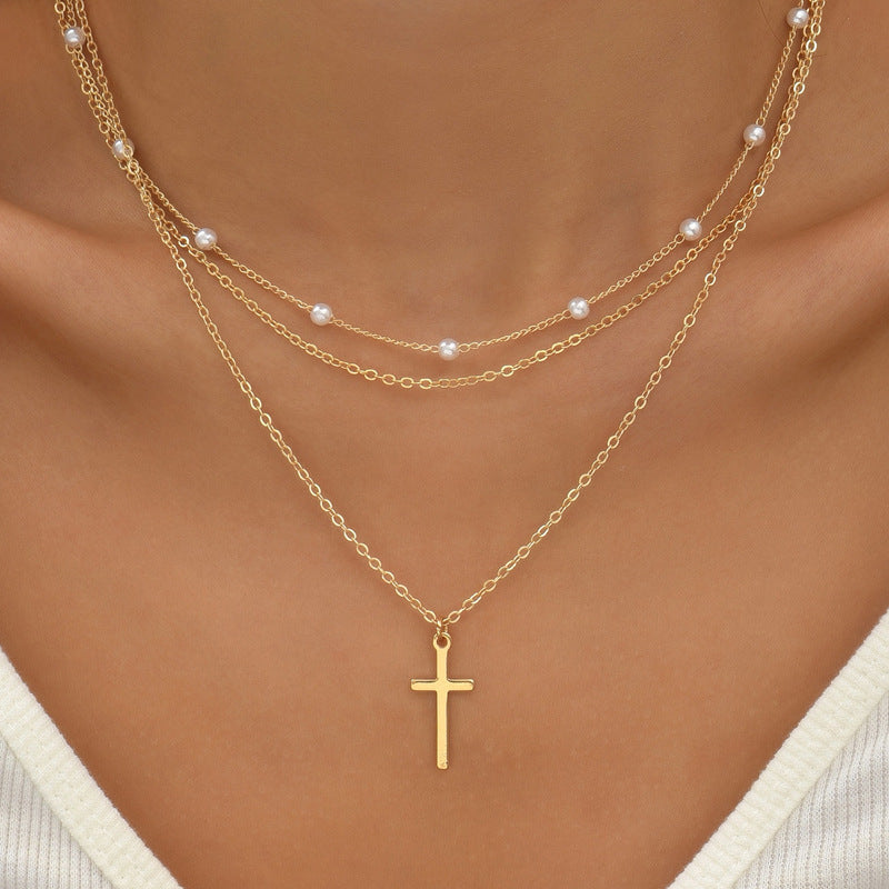 2pcs Boho Multilayer Cross Pendant Necklaces For Women Geometry Faux Pearl Chain Choker Necklace Jewelry Gift