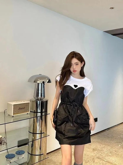 European fashion women o-neck short sleeve color block triangle logo appliqued designer loose palazzo pockets drawstring dress LXLXXL3XL