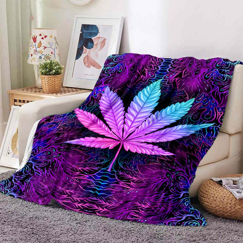 1pc Vibrant Purple Psychedelic Maple Leaves Blanket - Ultra-Soft, Lightweight, Warm Flannel Throw for Sofa, Bed, Travel, Camping, Living Room, Office, Couch, Chair - Digital Printing Fleece with Plush Fabric, Cozy, Breathable, Easy Care, Perfect for Indoo